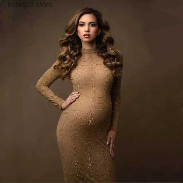 

maternity dresses stretchy mesh maternity p shoot long dress body-con pregnancy pgraphy dress high neck t230523, White