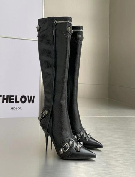 

new pattern leather kneehigh boots vintage gun color threaded buckle decoration side zipper pointed toe tassel highheeled boots 1791533, Black