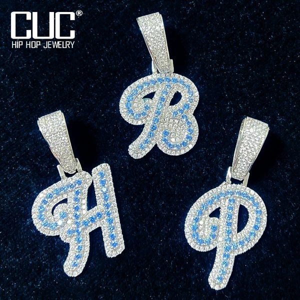 

necklaces az single blue zircon cursive letter hip hop pendant for men women solid back bling zircon name necklace chain jewelry, Silver