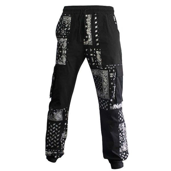 

overalls men's loose legged fashion casual pants with multiple pockets work waist fruit flower men's pants, Black