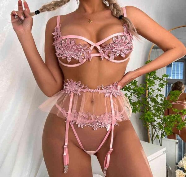 

nxy underwear 2022 monochrome water soluble floral mesh skirt perspective fun suit three piece set 2206091899796, Red;black