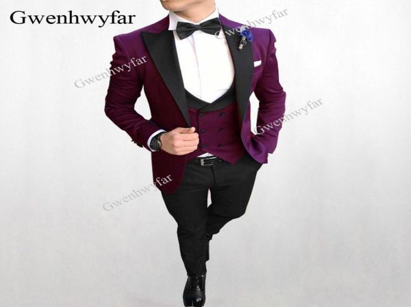 

2021 vintage purple long groom wear wedding tuxedos long jacket buttons man suits 3 piecesjacketpantsvest groomsmen6826581, Black