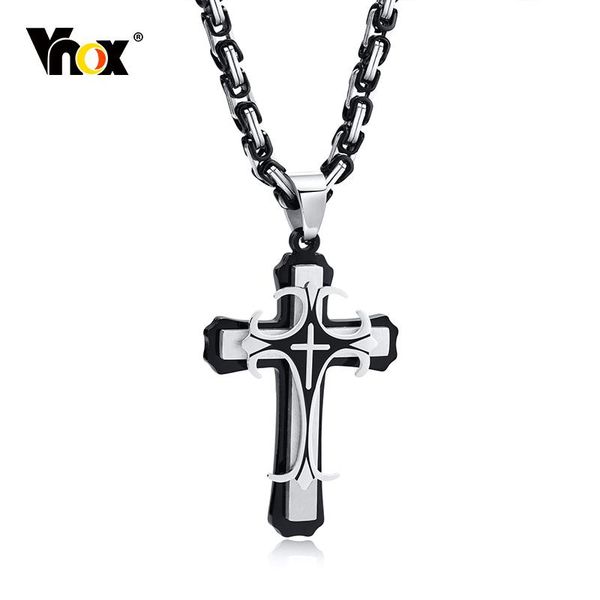 

necklaces vnox men cross necklace with 4mm byzantine chain punk rock stainless steel catholic crucifix pendant religious jewelry, Silver