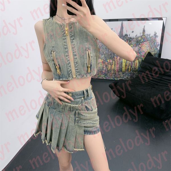

fashion denim vest skirts set summer designer womens pleated dress streetwear denim tank coat, White
