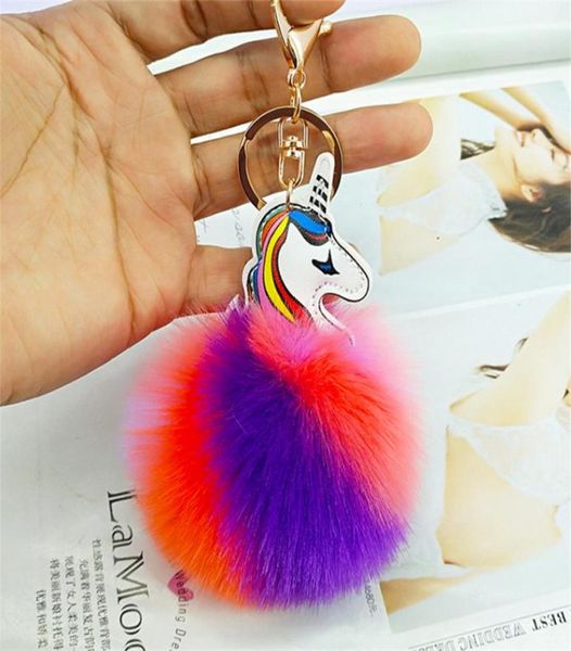 

plush fluffy fur ball key holder unicorn keychain designers bag pendant key ring rabbit hair poms artificial balls key chain 13 co3717603, Red;brown