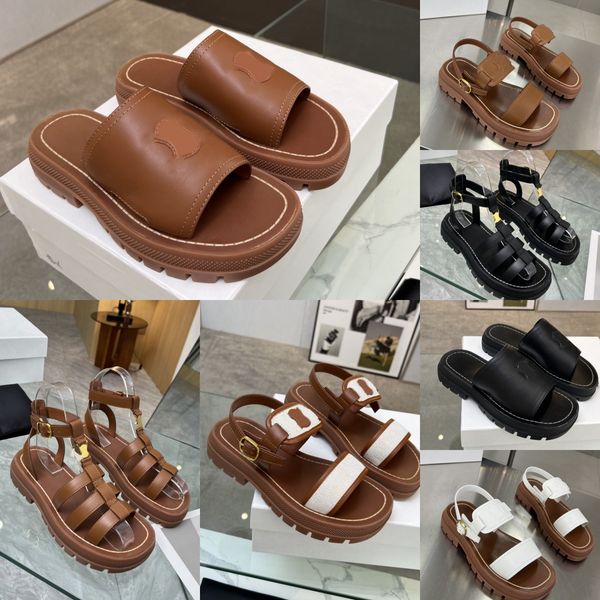 

clea chunky sandals designer triomphe gladiator sandal women leather fishman adjustable buckle strap slides slippers size 35-42 chunky thick, Black