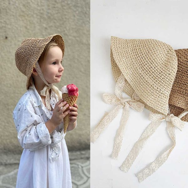 

caps hats fashion lace baby summer girls bow straw travel children panama beach hat g220522, Yellow