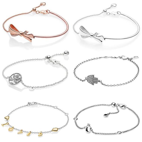 

bangle 2020 new 100% 925 sterling silver brilliant bow sparkling crown o chain bracelet fit diy women original fashion jewelry gift, Black