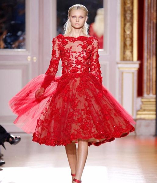

zuhair murad red lace prom dress knee length aline boat neck appliques beaded illusion long sleeves evening party dress mad3253844, Black