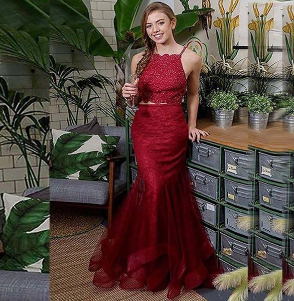 

new evening dresses long halter multilayered tulle beaded prom gown 2 piece formal party dress robe de soiree6015974, Black;red