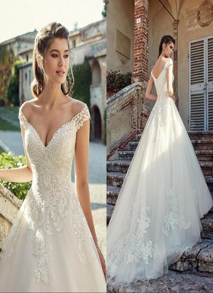 

custom gorgeous off shoulder lace wedding dresses 2023 v neck applique sweep train bridal gowns vestido de novia9985939, White