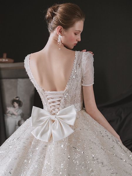 

luxury wedding dresses square collar short sleeves sequined beading shiny backless lace up with bow elegant bridal gown 2023 new, White