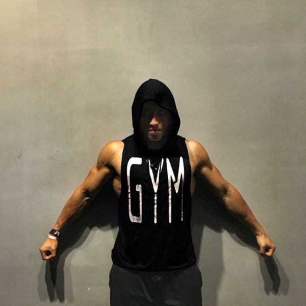 

sleeveless hoodie men's summer european gym printed hooded sleeveless sweater, Black