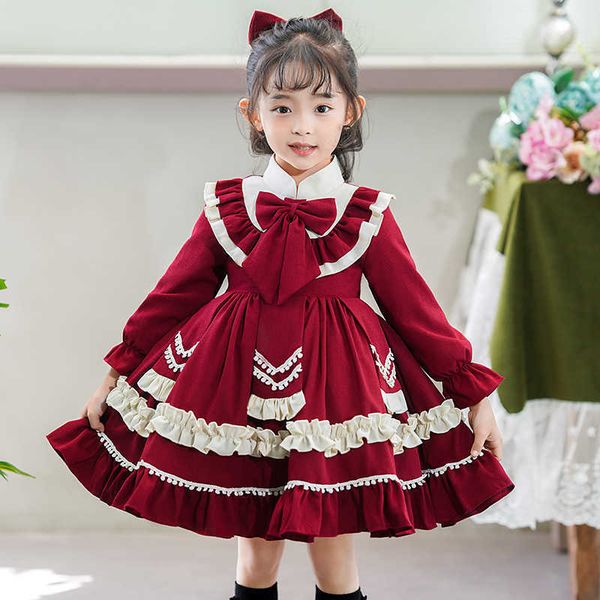 

girl's dresses somenie wine red elegant children's party girl lolita spanish court tutu princess dress vestido g220523, Red;yellow