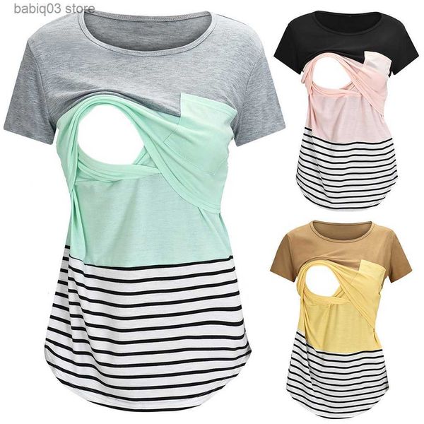 

maternity tees new maternity clothes casual nursing for breastfeeding t shirt striped print women maternity short sleeve maternity blouse, White