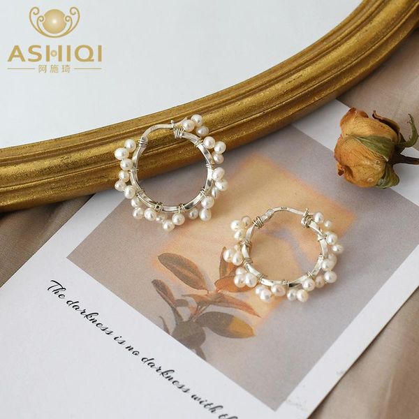 

huggie ashiqi natural freshwater pearl 925 sterling silver round hoop earrings fashion jewelry for women, Golden;silver