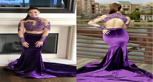 

2019 two pieces purple prom dresses high neck beaded lace long mermaid long sleeves velevet evening dress formal party gown pl7649735, Black