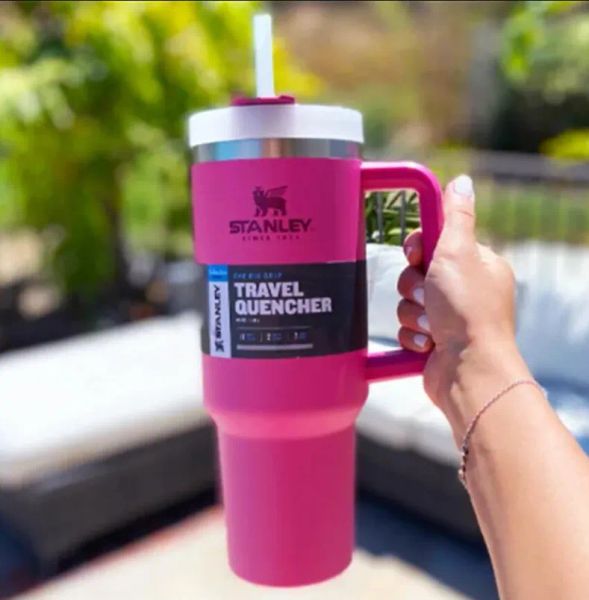 

1pc ready to ship stanly 40oz pink tumblers cups steniey mugs with handle insulated tumblers lids straw stainless steel coffee thermos cup w