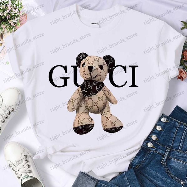 

women's t-shirt 2023 new luxury for women's sports high-quality summer t-shirt 100% cotton bear printed casual oversized shirt t23, White