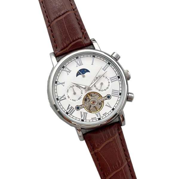 

genuine leather strap luxury wristwatches mens watch mechanical automatic daydate flywheel moon phase watches for men christmas father', Slivery;brown