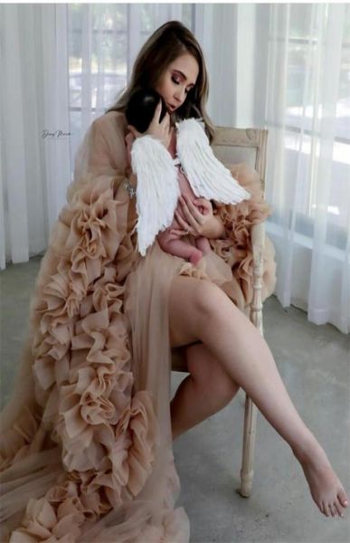 

champagne night gown bride sleepwear robes ruffles tulle custom made long sleeves pregnant dress women sleepwear5290138, White