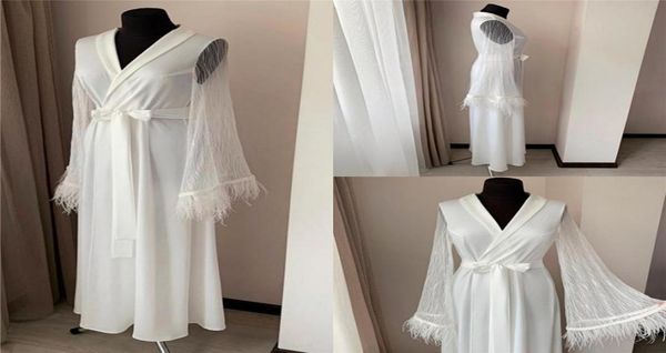 

2020 bridal white jacket night robe long sleeves lace feathers party sleepwear nightgowns with belt pregnant robes2447332