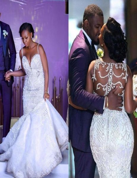 

luxury lace appliqued mermaid wedding dress spaghetti black girl sheath plus size sweep train bridal gown custom made5349768, White