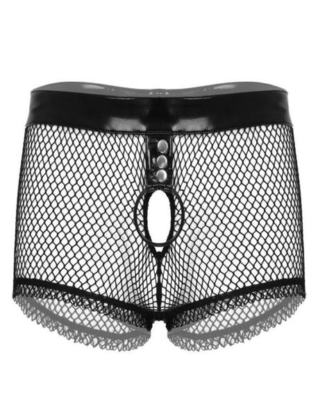 

men039s swimwear mens patent leather waistband transparent fishnet patchwork brief bottom hollow out o ring boxer shorts l6618913