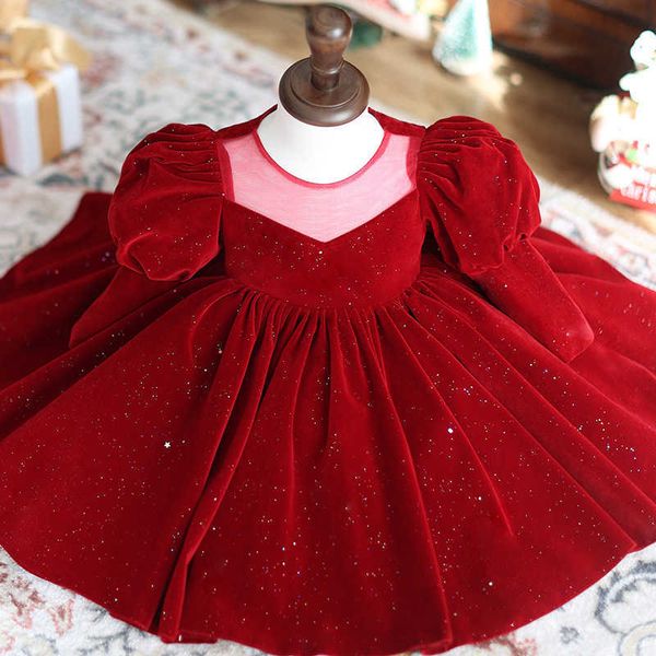 

girl's dresses 1-12 birthday baby capture week wine red winter sleeping flower girl wedding children's princess party dress g22052, Red;yellow