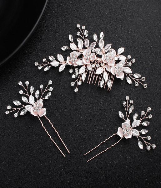 

2018 pink flower women hair comb 2pcs hairpins handmade wedding hair accessories crystal bridal hairpieces jewelry jch1934095166, Golden;white