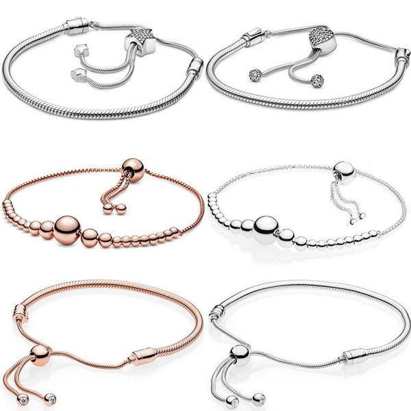 

bangle 100% 925 sterling silver pave star heart clasp snake chain string of beads slider bracelet fit fashion charm diy jewelry, Black