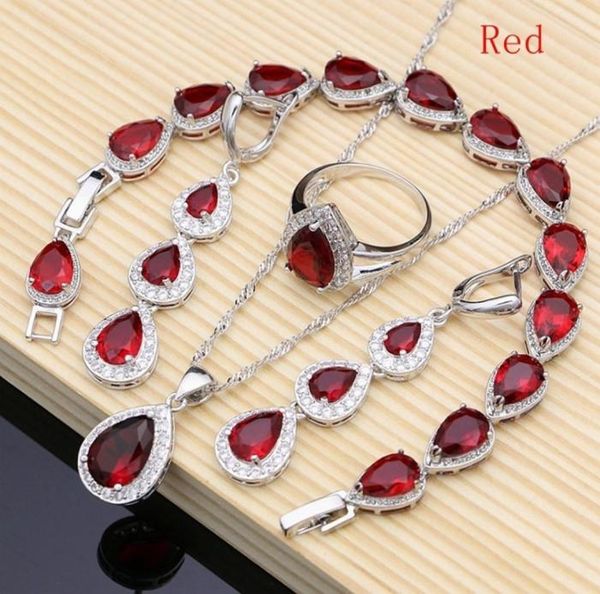 

fine water drop silver 925 jewelry red ruby white z jewelry sets women long earringspendantnecklaceringsbracelet dropshipp2153567