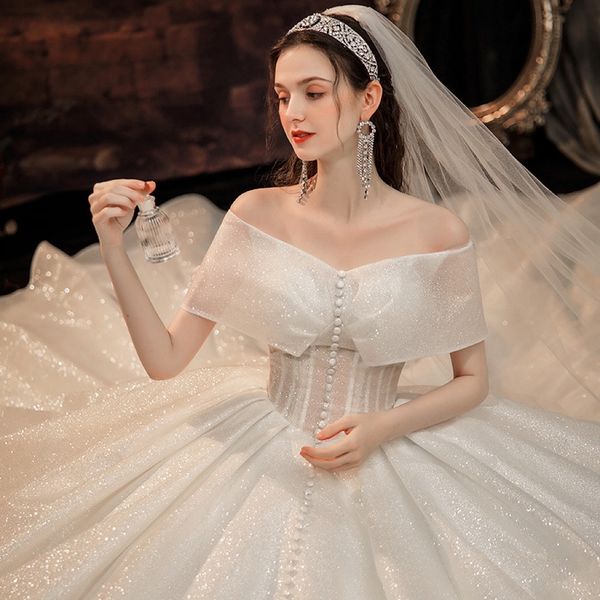

elegant wedding dresses one shoulder with button lace up tulle backless sleeveless sweep train shiny luxury bride gowns 2023 new, White