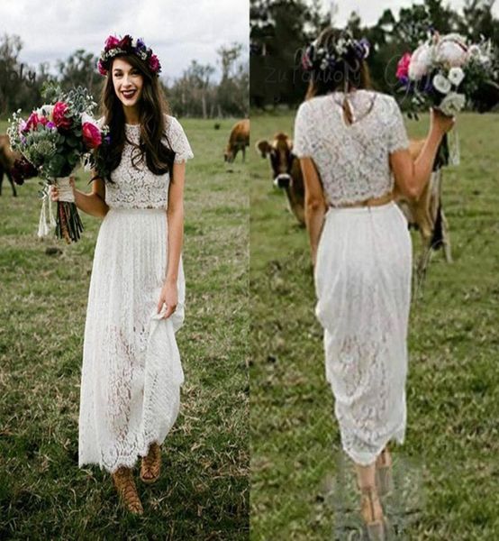 

romantic two piece wedding dress with sleeves lace boho round neck ankle length bohemian hippie short bride dress for women 20197607255, White