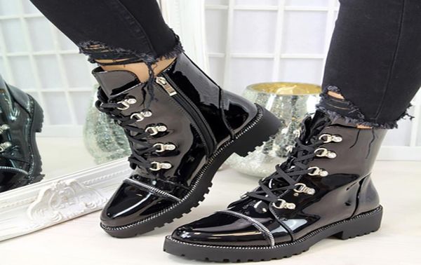 

women motorcycle boots autumn fashion patent pu round toe laceup combat shoes women shoes ladies snow office boots drop 25944001, Black