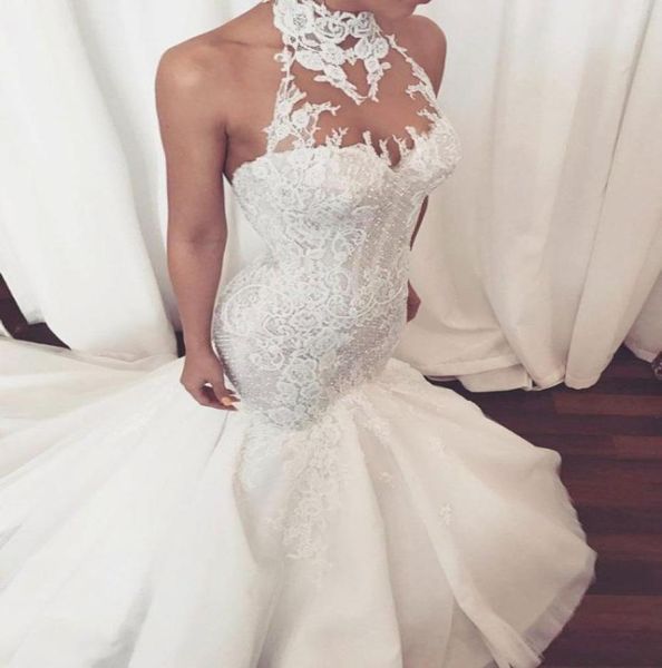 

sleeveless high neck mermaid wedding dresses bridal gowns with appliques in stock5425097, White