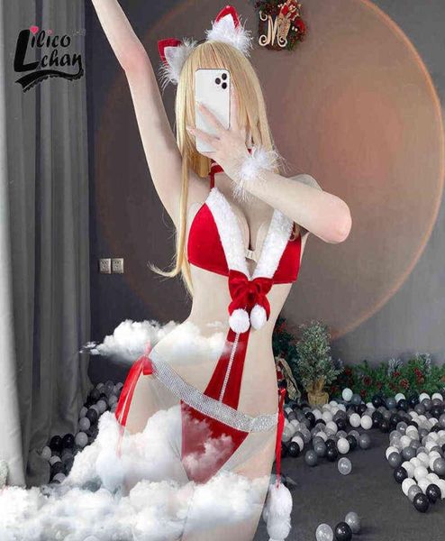 

velvet plush women christmas bodysuit bikini set backless cute bunny girl tempatation bow erotic costumes with cat ear cosplay 2203034813, Red;black