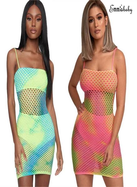 

women mesh fishnet see through strappy sleeveless dress bikini cover ups rainbow colorful bodycon clubwear short dresses1576794, Blue;gray