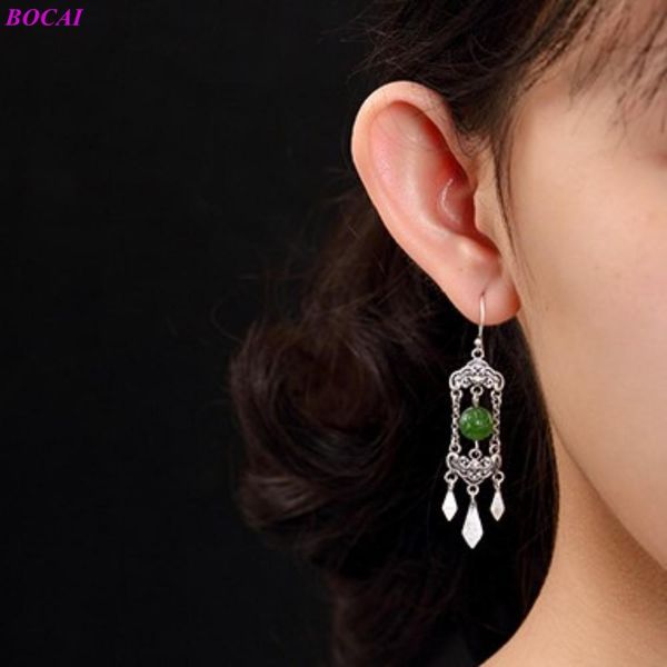

knot bocai 100% s925 sterling silver ear drop women earrings south rutile jasper beads tassels thai earrings pure argentum jewelry