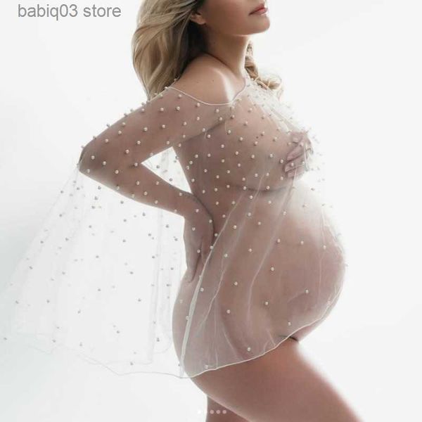 

maternity dresses maternity pgraphy dress sunscreen mesh bikini cover-up pregnancy pearl beading dress wedding cape party dress shawl t23052, White