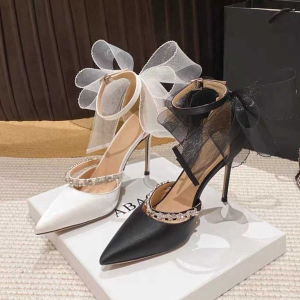 

sandals womens pointy toe bow mesh stilettos high heel rhinestones crystal shoes wedding bridal party black white women 230417
