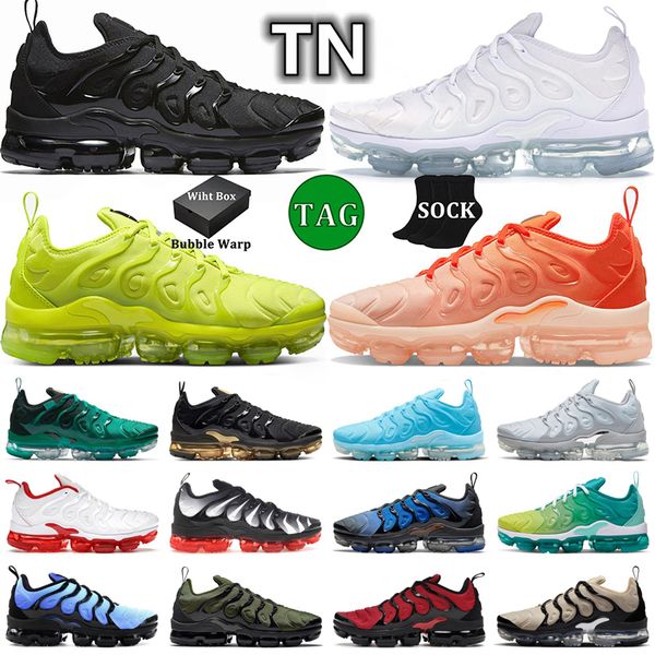 

with box tn plus running shoes men women vapor maxs trainers triple black tennis ball usa cherry hyper violet olive orange gradients atlanta, White;red