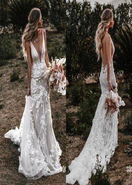 

elegant country mermaid wedding dress deep v neck open back flowers lace ruched court train hollow bridal gowns1454872, White