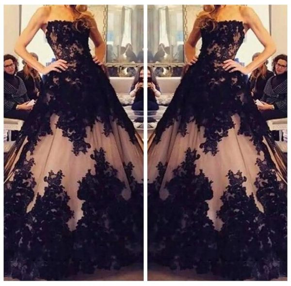

2019 strapless black lace appliques aline prom dresses modest lace up back long vestidos de soiree customized evening party gowns9211760