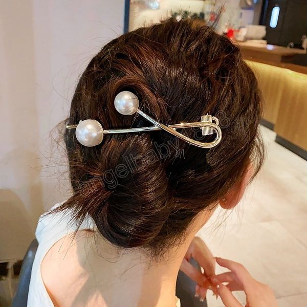 

korean metal pearl hair clips hairpins for women fashion gometric ponytail clip barrettes hairgrips headwear hair accessorie, Slivery;white