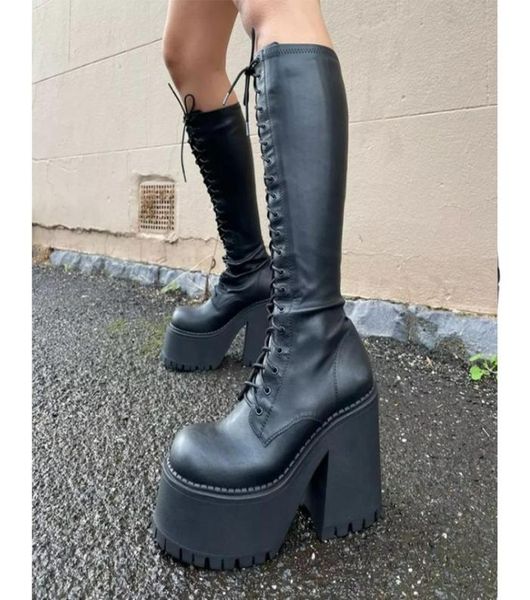 

boots bonjomarisa platform chunky high heeled stretch knee high boots women design sock long boots autumn slip on shoes big size 41637761, Black