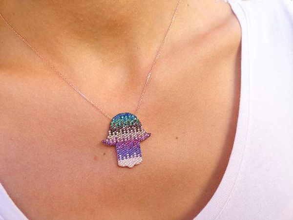 

necklaces multi color cz micro pave hamsa hand turkish jewelry rose gold color fatima's hand pendant necklace, Silver