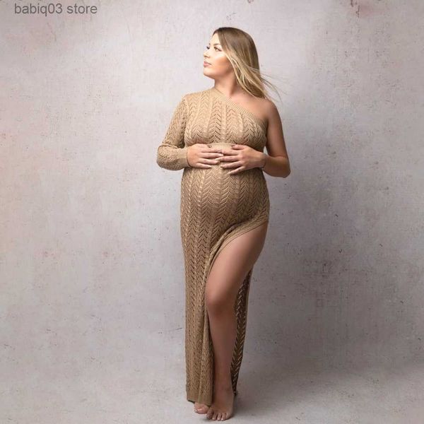 

maternity dresses off-the-shoulder knitted maternity p shoot long dresses hollow out lace pregnancy pgraphy dress sides slit stretchy t23052, White
