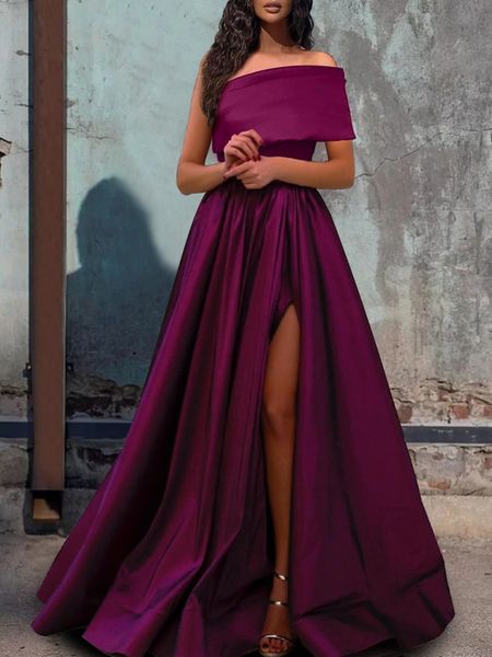 

elegant a-line grape prom party dress 2023 short sleeve one shoulder satin with pleats slit evening formal gowns robe de soiree customed, Black