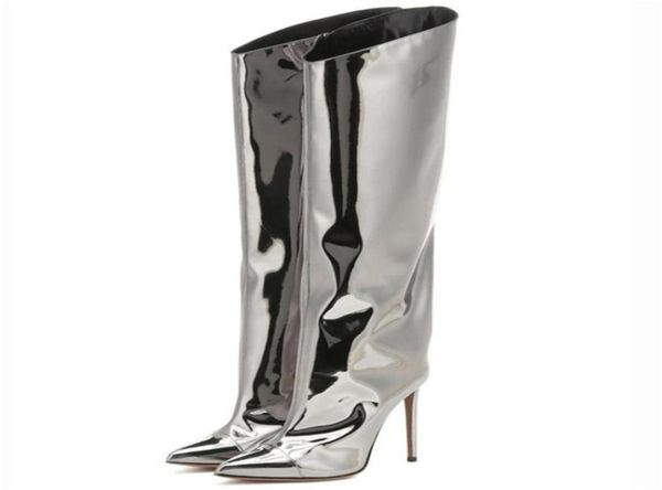 

nightclub ladies demonia boots candy color mirror leather women knee high boots high heels stilettos runway shoes botas mujer 22018745501, Black
